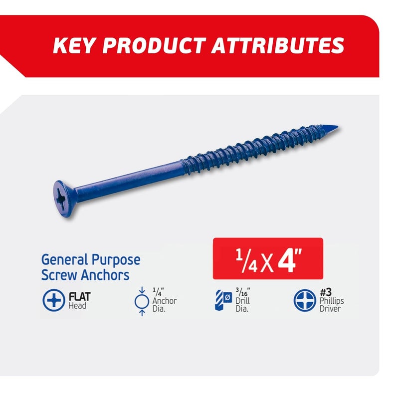 FixMaster 1/4 x 4 Countersunk Phillips Flat Head Blue Concrete Screw Anchors (100 pcs Screw Kit) with one Screwdriver and Drill Bit for Concrete, Masonry, Block, Brick and Wood Fastening - Image 2